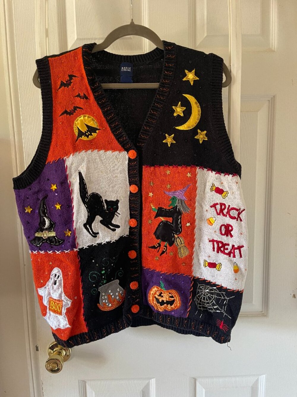 VTG Basic Editions Halloween Sweater Vest Patchwork Witch Ghost 1X Plus